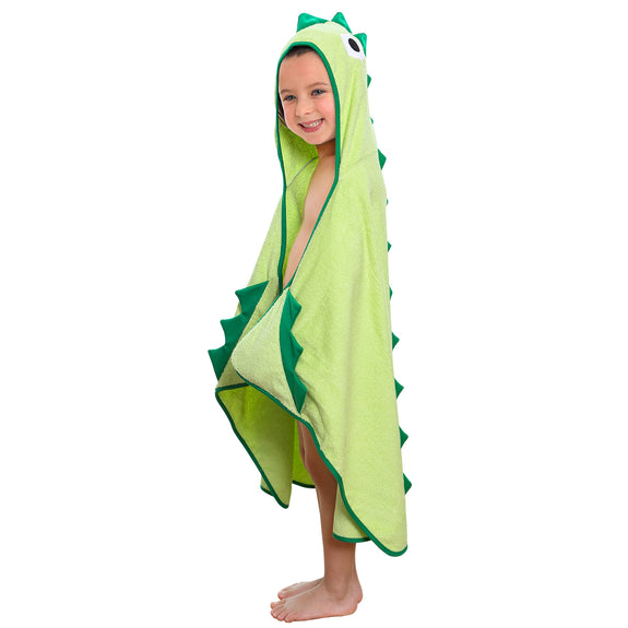 Kids Hooded Bath Beach Towel with Green Dino Spikes / 100% Cotton Terry Cloth Hooded Towel for Boys and Girls, minination, Piggy Button
