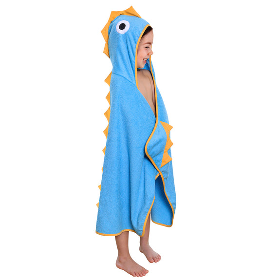 Kids Hooded Bath Beach Towel - Blue with Yellow Dino Spikes 100% Cotton Terry Cloth Hooded Towel for Boys and Girls, minination, Piggy Button