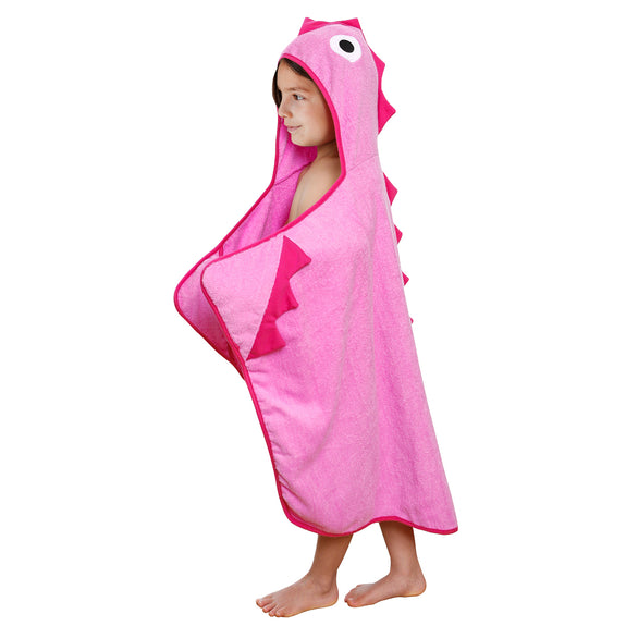 Kids Hooded Bath Beach Towel with Pink Dino Spikes 100% Cotton Terry Cloth Hooded Towel for Girls, minination, Piggy Button