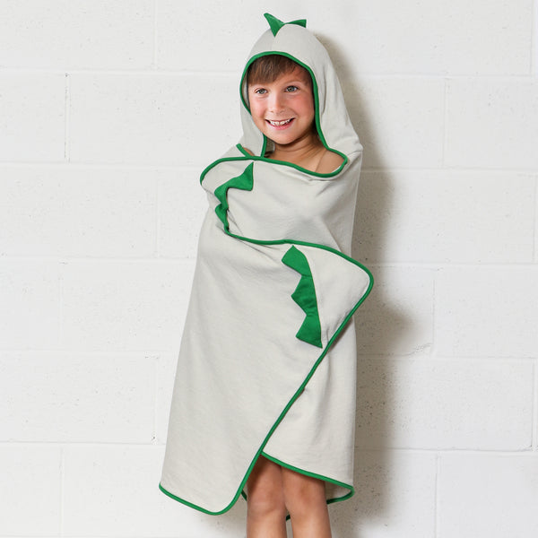 Hooded Bath Towels with Green Dino Spikes for Babies, Toddlers, Kids, minination, Piggy Button 