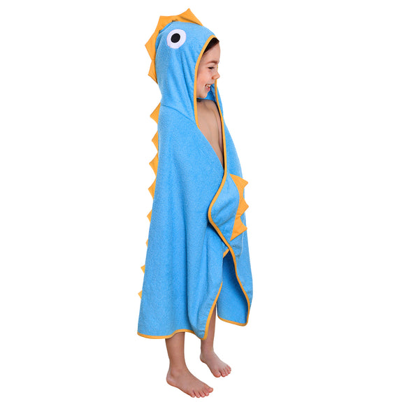 Kids Hooded Bath Beach Towel - Blue with Yellow Dino Spikes 100% Cotton Terry Cloth Hooded Towel for Boys and Girls, minination, Piggy Button 