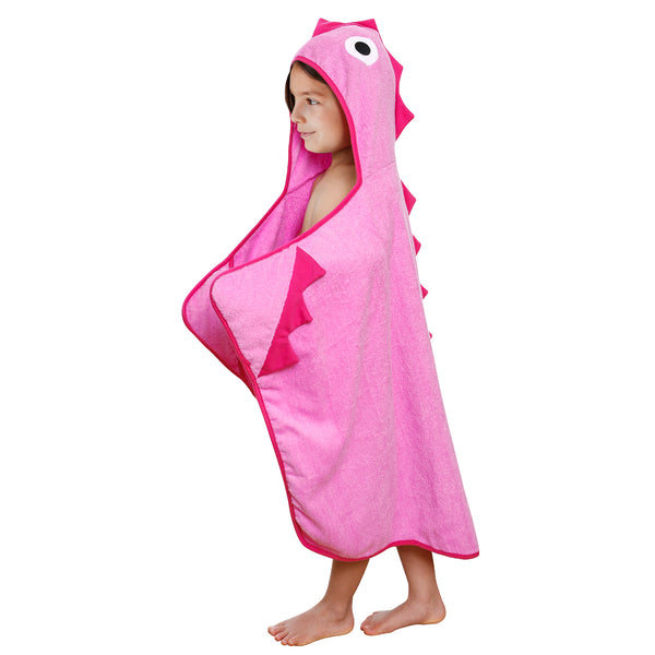 Kids Hooded Bath Beach Towel with Pink Dino Spikes 100% Cotton Terry Cloth Hooded Towel for Girls, minination, Piggy Button 
